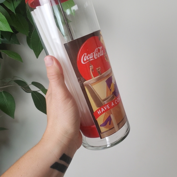 Vintage Coca Cola Glass Straw Holder Dispenser Red White Clear - Picture 2 of 8